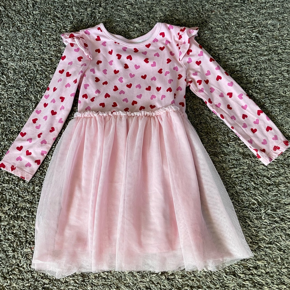Girls' Pink Heart Print Long Sleeve Tulle Dress